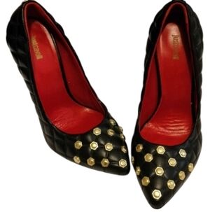 Black Quilted Studded Pointed-Toe Pumps - Red Lining
